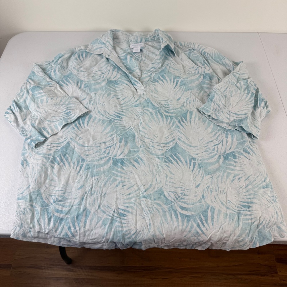 Martha Stewart Blue White Palm Leaf Linen Blend Tunic Top Plus Size 1X Relaxed